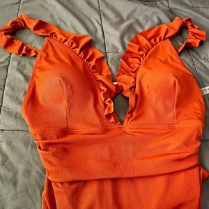 SHEIN one piece bronze bathing suit with front ruffles